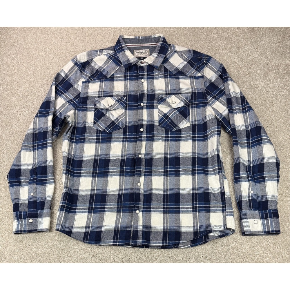 Flag & Anthem Men's MEDIUM Blue Plaid Flannel Long Sleeve Pearl Snap Shirt